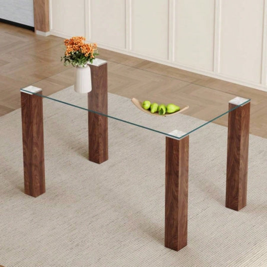 A 49.6 * 30 Inch Transparent Tempered Glass Dining Table With Rectangular Walnut Color MDF Wood Grain, Combining Simplicity And Quality. Can Easily Blend Into Various Decoration Styles.