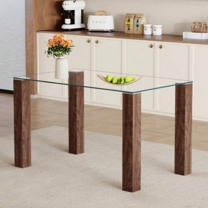 A 49.6 * 30 Inch Transparent Tempered Glass Dining Table With Rectangular Walnut Color MDF Wood Grain, Combining Simplicity And Quality. Can Easily Blend Into Various Decoration Styles.