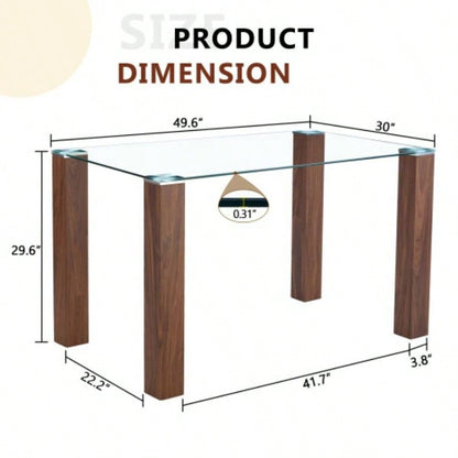 A 49.6 * 30 Inch Transparent Tempered Glass Dining Table With Rectangular Walnut Color MDF Wood Grain, Combining Simplicity And Quality. Can Easily Blend Into Various Decoration Styles.