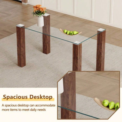 A 49.6 * 30 Inch Transparent Tempered Glass Dining Table With Rectangular Walnut Color MDF Wood Grain, Combining Simplicity And Quality. Can Easily Blend Into Various Decoration Styles.