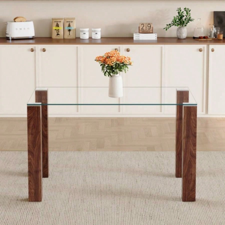 A 49.6 * 30 Inch Transparent Tempered Glass Dining Table With Rectangular Walnut Color MDF Wood Grain, Combining Simplicity And Quality. Can Easily Blend Into Various Decoration Styles.