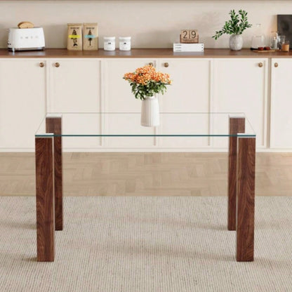 A 49.6 * 30 Inch Transparent Tempered Glass Dining Table With Rectangular Walnut Color MDF Wood Grain, Combining Simplicity And Quality. Can Easily Blend Into Various Decoration Styles.