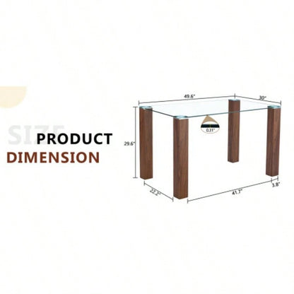 A 49.6 * 30 Inch Transparent Tempered Glass Dining Table With Rectangular Walnut Color MDF Wood Grain, Combining Simplicity And Quality. Can Easily Blend Into Various Decoration Styles.