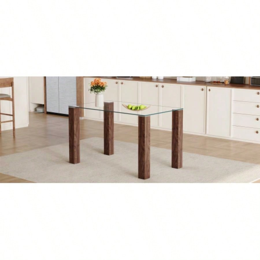 A 49.6 * 30 Inch Transparent Tempered Glass Dining Table With Rectangular Walnut Color MDF Wood Grain, Combining Simplicity And Quality. Can Easily Blend Into Various Decoration Styles.