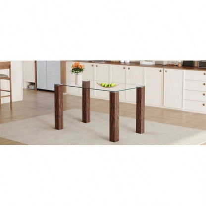 A 49.6 * 30 Inch Transparent Tempered Glass Dining Table With Rectangular Walnut Color MDF Wood Grain, Combining Simplicity And Quality. Can Easily Blend Into Various Decoration Styles.