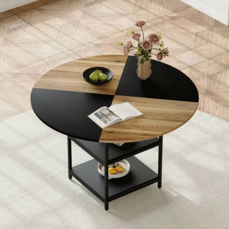47.3 - inch diameter modern splicing circular dining table - double - layer storage, wood and black fan - shaped diagonal color matching design, interpreting home aesthetics and practicality.