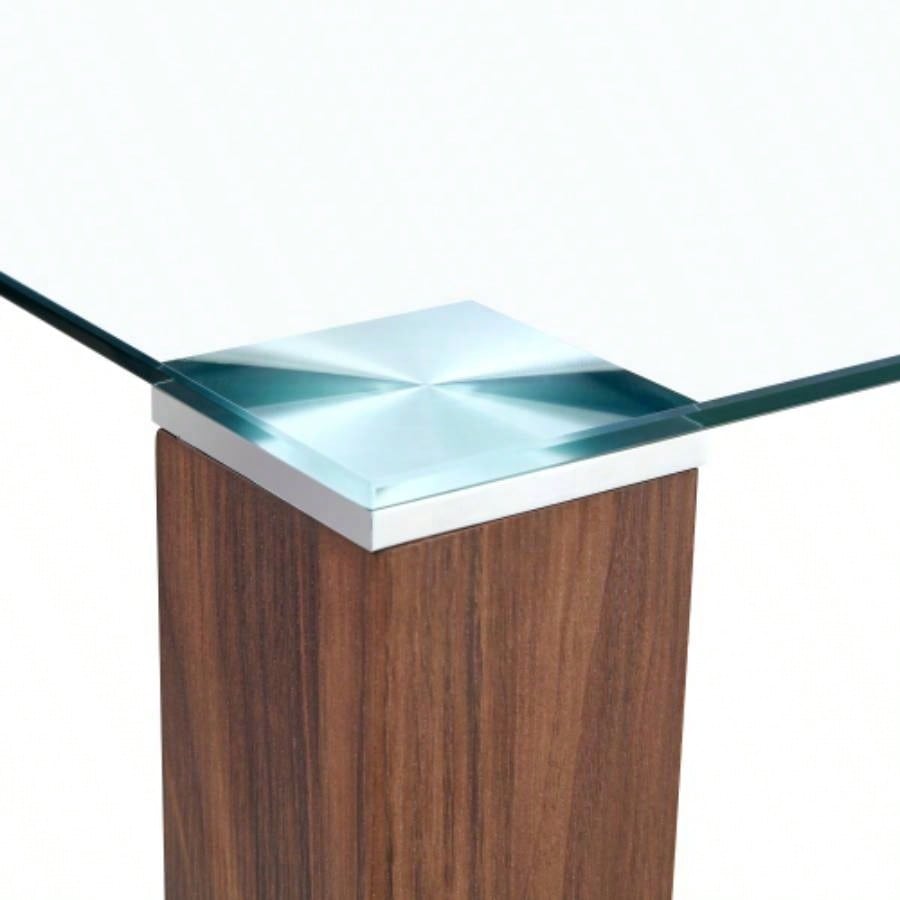 A 49.6 * 30 Inch Transparent Tempered Glass Dining Table With Rectangular Walnut Color MDF Wood Grain, Combining Simplicity And Quality. Can Easily Blend Into Various Decoration Styles.