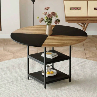 47.3 - inch diameter modern splicing circular dining table - double - layer storage, wood and black fan - shaped diagonal color matching design, interpreting home aesthetics and practicality.
