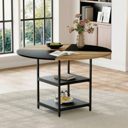 47.3 - inch diameter modern splicing circular dining table - double - layer storage, wood and black fan - shaped diagonal color matching design, interpreting home aesthetics and practicality.