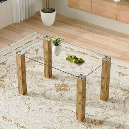 A 49.6 * 30 Inch Transparent Tempered Glass Dining Table With Rectangular Walnut Color MDF Wood Grain, Combining Simplicity And Quality. Can Easily Blend Into Various Decoration Styles.