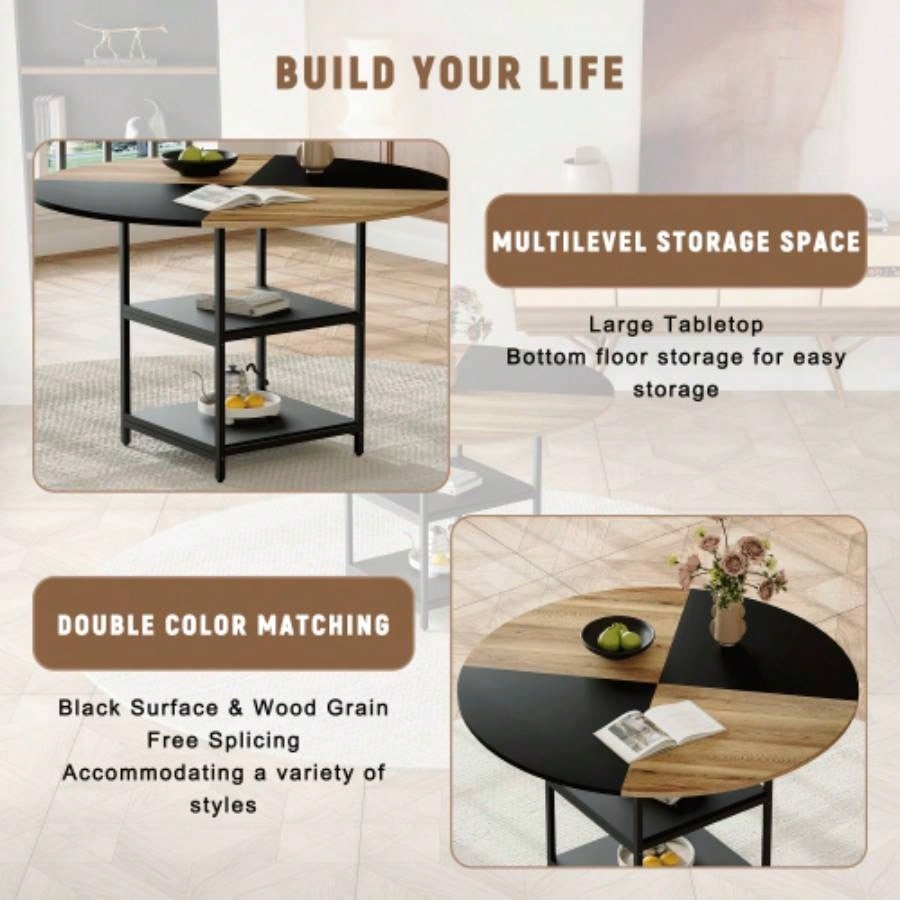 47.3 - inch diameter modern splicing circular dining table - double - layer storage, wood and black fan - shaped diagonal color matching design, interpreting home aesthetics and practicality.
