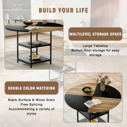47.3 - inch diameter modern splicing circular dining table - double - layer storage, wood and black fan - shaped diagonal color matching design, interpreting home aesthetics and practicality.