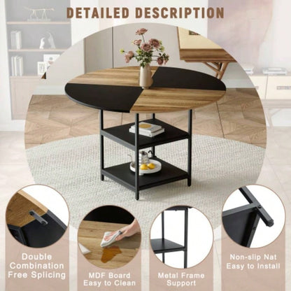 47.3 - inch diameter modern splicing circular dining table - double - layer storage, wood and black fan - shaped diagonal color matching design, interpreting home aesthetics and practicality.