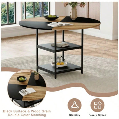 47.3 - inch diameter modern splicing circular dining table - double - layer storage, wood and black fan - shaped diagonal color matching design, interpreting home aesthetics and practicality.