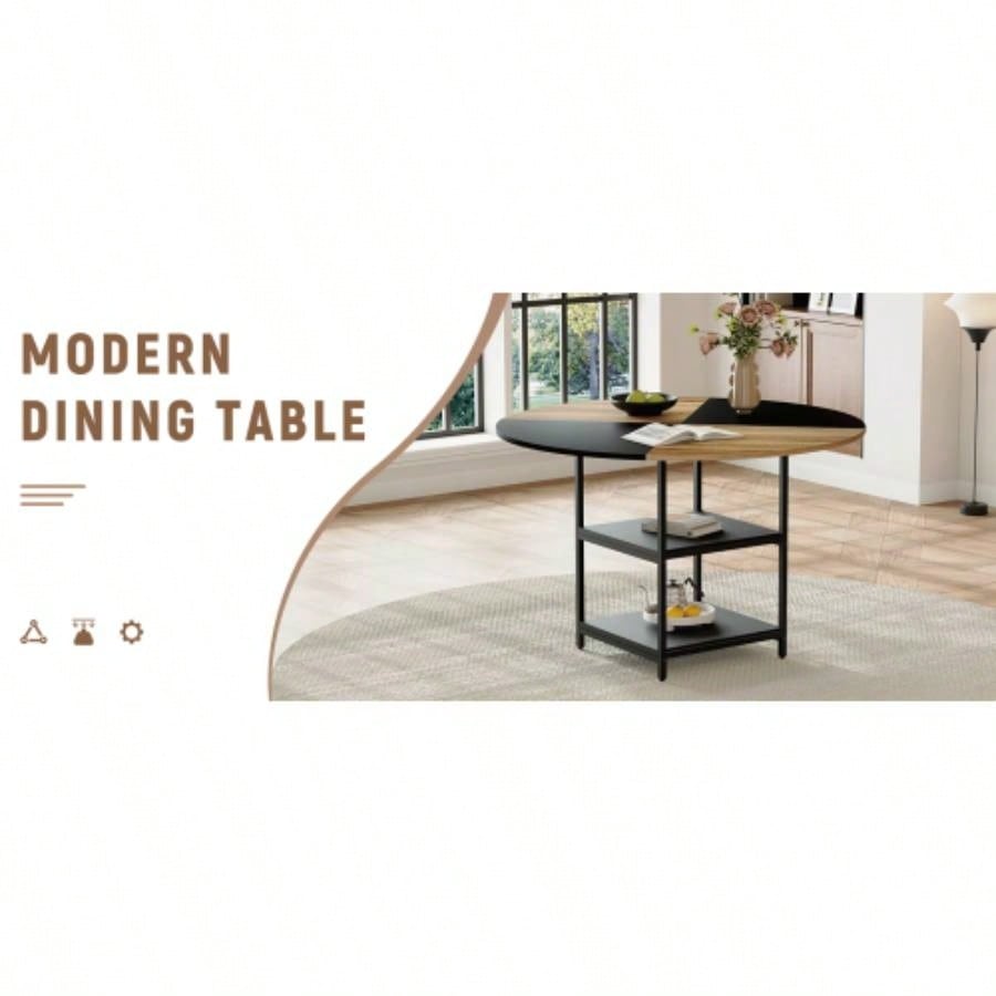 47.3 - inch diameter modern splicing circular dining table - double - layer storage, wood and black fan - shaped diagonal color matching design, interpreting home aesthetics and practicality.