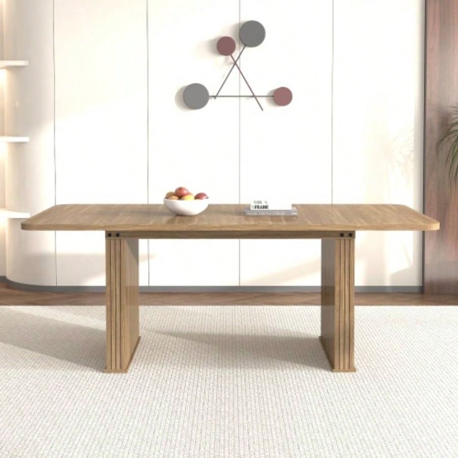 Modern Dining Table 6 - 10 People, Wood Kitchen Table with Double Robust Pedestal, Wooden Dinner Table Dining Room