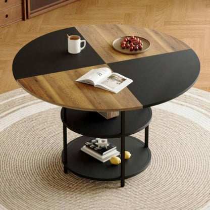 47.3 - inch diameter modern splicing circular dining table - double - layer storage, wood and black fan - shaped diagonal color matching design, interpreting home aesthetics and practicality.