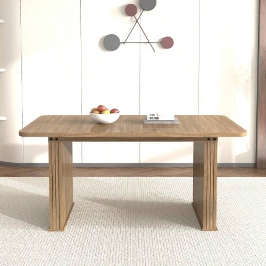 Modern Dining Table 6 - 10 People, Wood Kitchen Table with Double Robust Pedestal, Wooden Dinner Table Dining Room