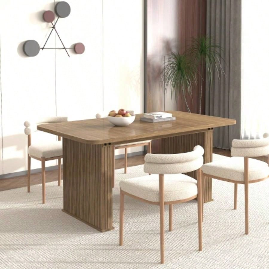 Modern Dining Table 6 - 10 People, Wood Kitchen Table with Double Robust Pedestal, Wooden Dinner Table Dining Room