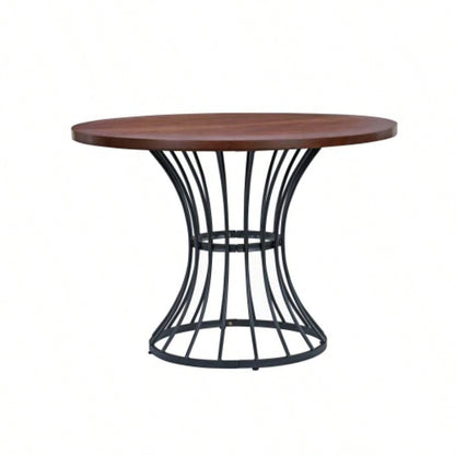 Oak Veneer 42 Round Dining Table - Solid Wood - Look Top, Heavy - Duty Wrought - Iron Pedestal Base, Compact Kitchen Breakfast - Nook Furniture, Rustic - Modern Style