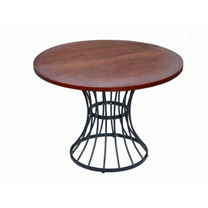 Oak Veneer 42 Round Dining Table - Solid Wood - Look Top, Heavy - Duty Wrought - Iron Pedestal Base, Compact Kitchen Breakfast - Nook Furniture, Rustic - Modern Style