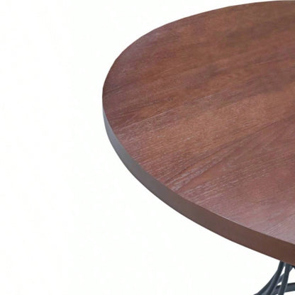 Oak Veneer 42 Round Dining Table - Solid Wood - Look Top, Heavy - Duty Wrought - Iron Pedestal Base, Compact Kitchen Breakfast - Nook Furniture, Rustic - Modern Style