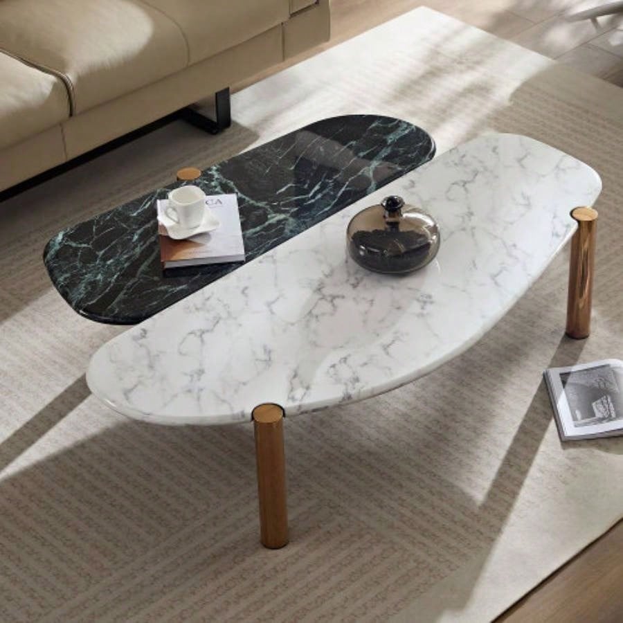 Faux Marble Coffee Tables Accent Tea Tables with Gold Metal Foot Living Room Home Office