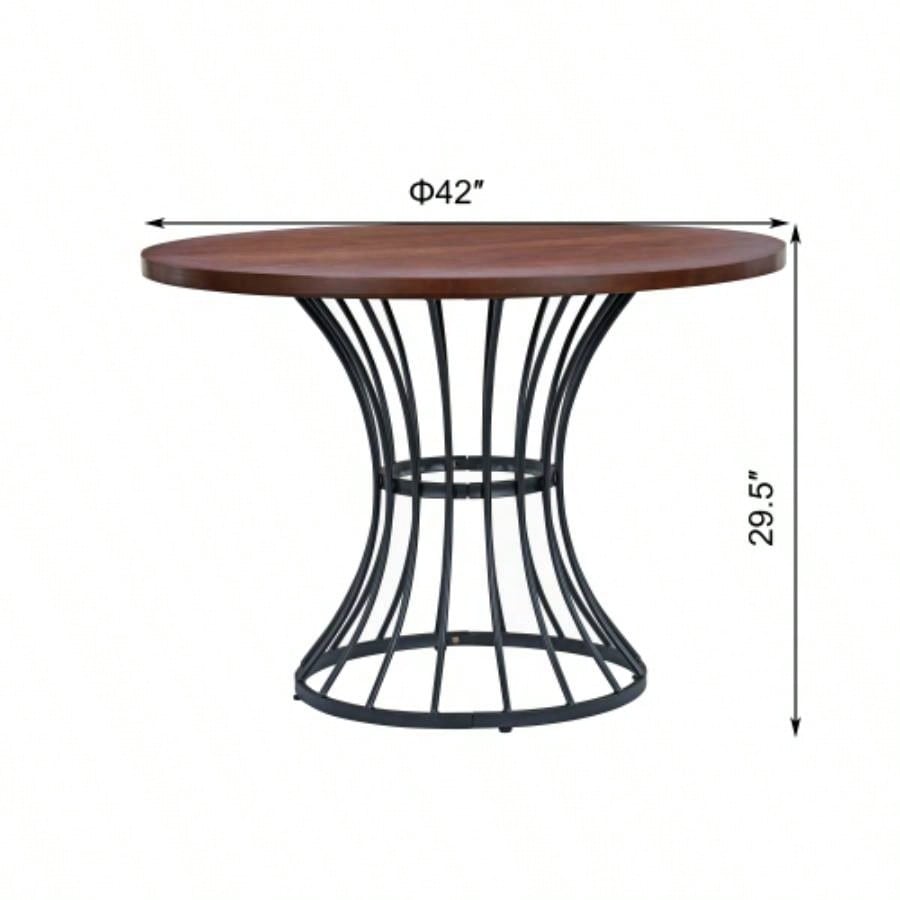 Oak Veneer 42 Round Dining Table - Solid Wood - Look Top, Heavy - Duty Wrought - Iron Pedestal Base, Compact Kitchen Breakfast - Nook Furniture, Rustic - Modern Style