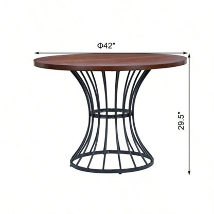 Oak Veneer 42 Round Dining Table - Solid Wood - Look Top, Heavy - Duty Wrought - Iron Pedestal Base, Compact Kitchen Breakfast - Nook Furniture, Rustic - Modern Style
