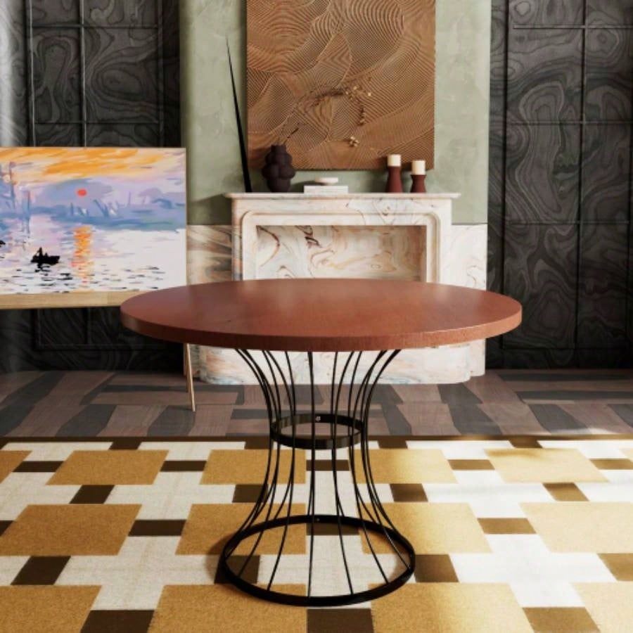 Oak Veneer 42 Round Dining Table - Solid Wood - Look Top, Heavy - Duty Wrought - Iron Pedestal Base, Compact Kitchen Breakfast - Nook Furniture, Rustic - Modern Style