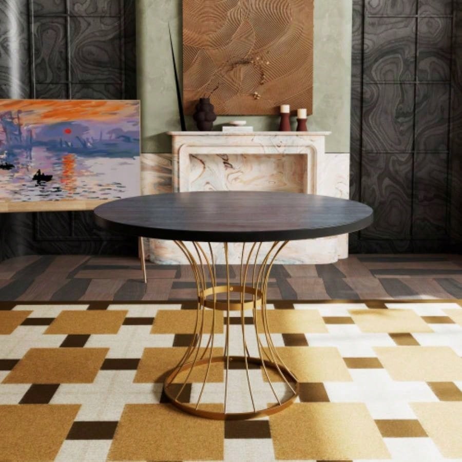 Oak Veneer 42 Round Dining Table - Solid Wood - Look Top, Heavy - Duty Wrought - Iron Pedestal Base, Compact Kitchen Breakfast - Nook Furniture, Rustic - Modern Style