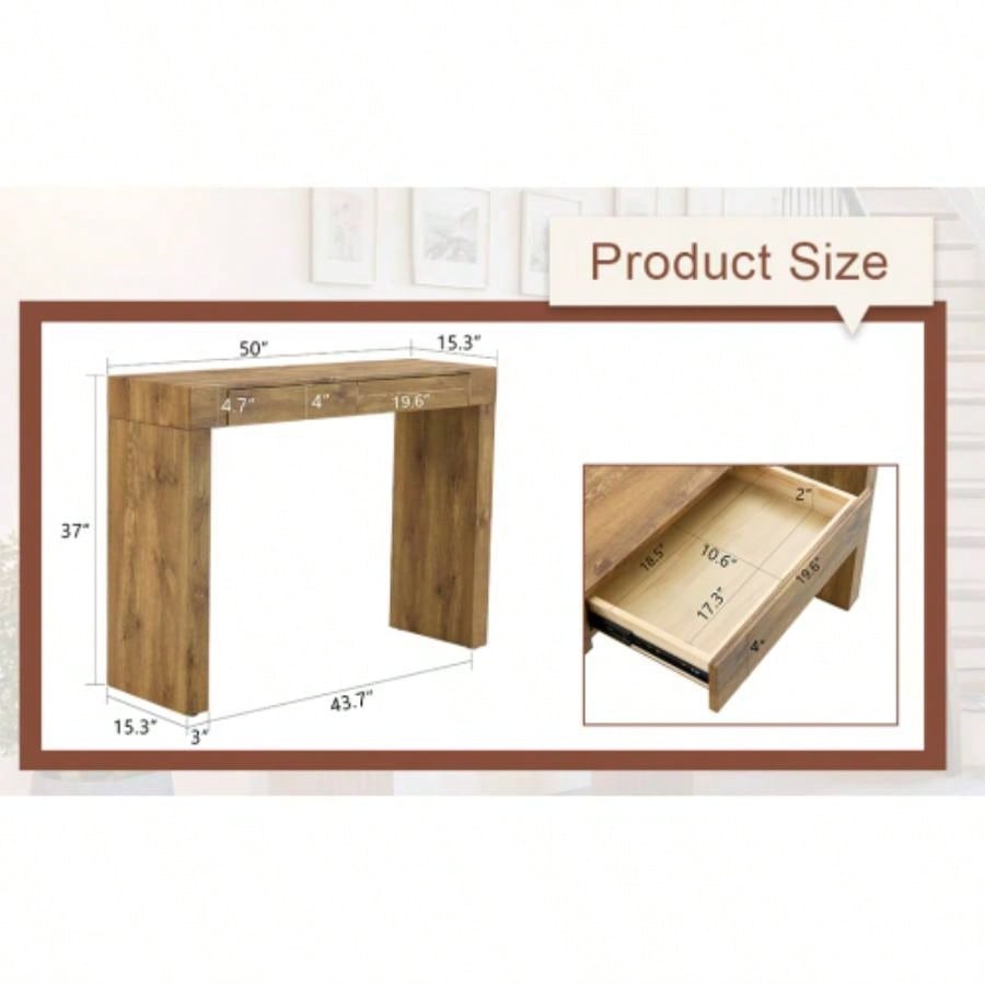 Elegant Natural Wood Grain Bar Table - 50 Inches Long, a Practical Choice Modern Homes. Wood Grain Texture Sticker, Equipped With Two Drawers. Serving As A Bar Table Or A Desk.