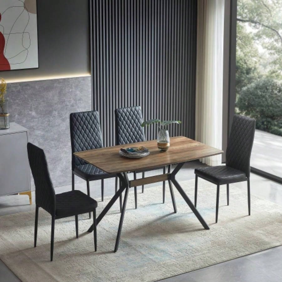 Modern Minimalist Style Dining Table MDF wooden Top Black Metal Shelf Metal Heat Transfer Leveling Feet Dining Room Kitchen Office Table