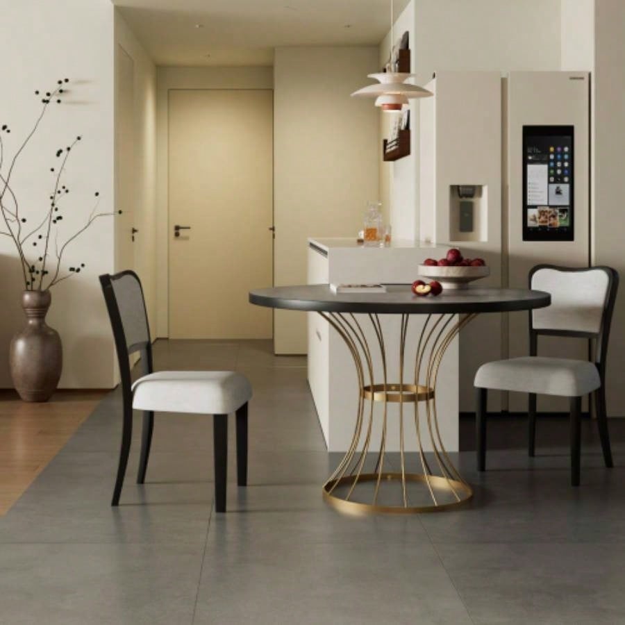 Oak Veneer 42 Round Dining Table - Solid Wood - Look Top, Heavy - Duty Wrought - Iron Pedestal Base, Compact Kitchen Breakfast - Nook Furniture, Rustic - Modern Style