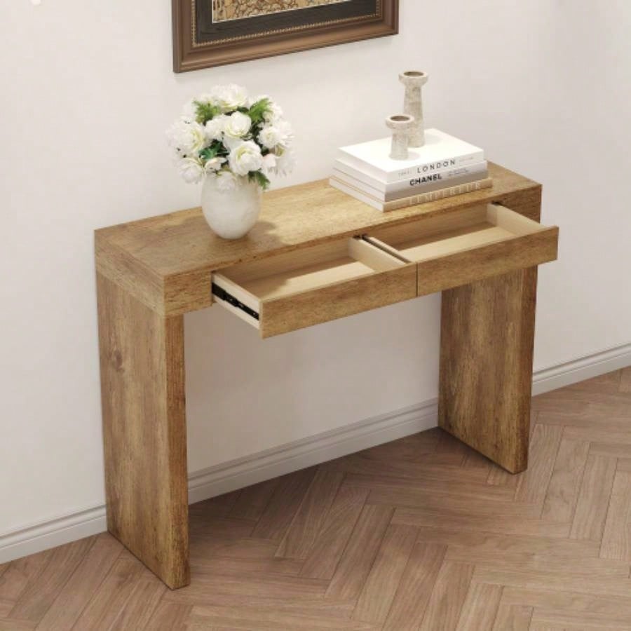 Elegant Natural Wood Grain Bar Table - 50 Inches Long, a Practical Choice Modern Homes. Wood Grain Texture Sticker, Equipped With Two Drawers. Serving As A Bar Table Or A Desk.