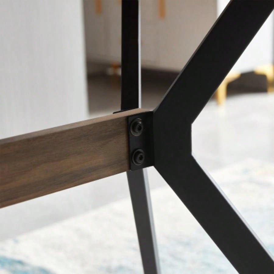 Modern Minimalist Style Dining Table MDF wooden Top Black Metal Shelf Metal Heat Transfer Leveling Feet Dining Room Kitchen Office Table