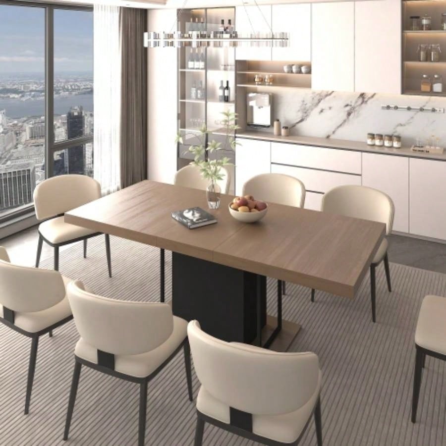 Rectangle extendable dining table 6 - 10 people aged effect wood and black 160 - 200