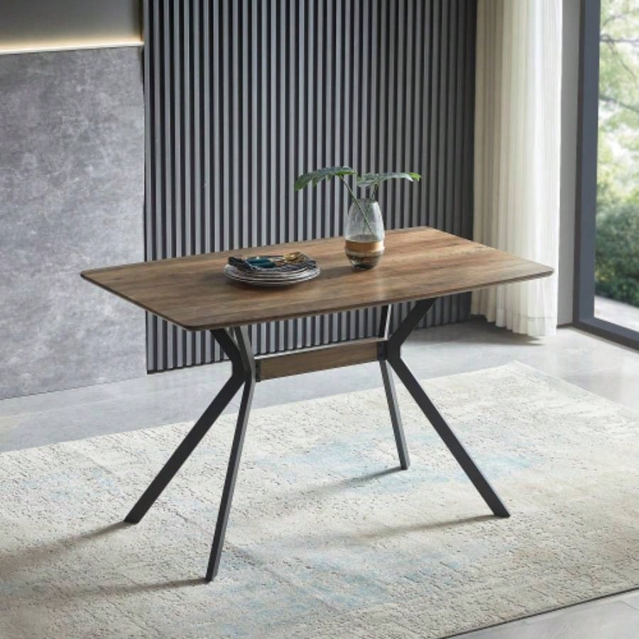 Modern Minimalist Style Dining Table MDF wooden Top Black Metal Shelf Metal Heat Transfer Leveling Feet Dining Room Kitchen Office Table