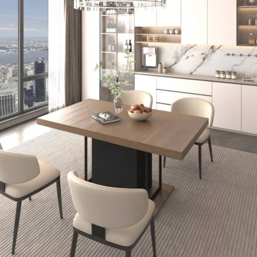 Rectangle extendable dining table 6 - 10 people aged effect wood and black 160 - 200