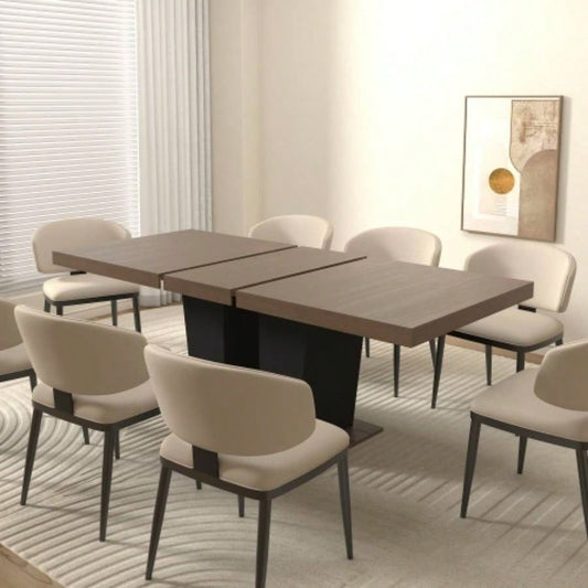Extendable Dining Room Table 4 - 10 People, Wooden Kitchen Dining Table with Black Double Sturdy Pedestal Base, Modern Expandable Large Table