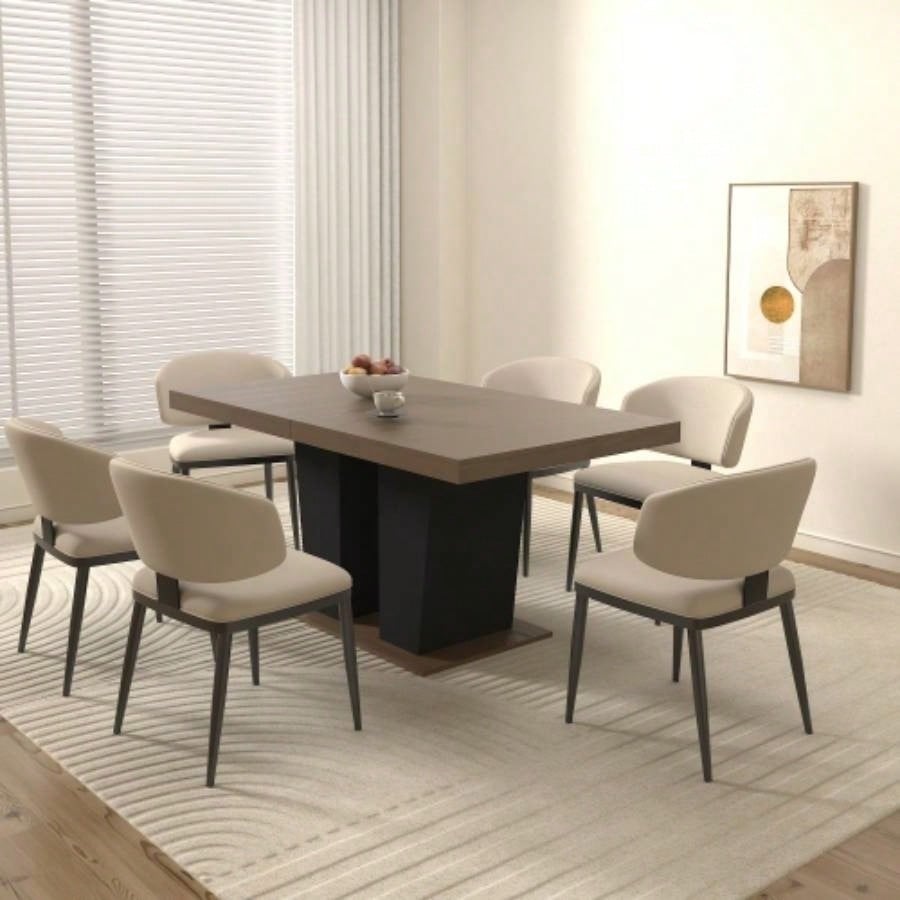 Extendable Dining Room Table 4 - 10 People, Wooden Kitchen Dining Table with Black Double Sturdy Pedestal Base, Modern Expandable Large Table