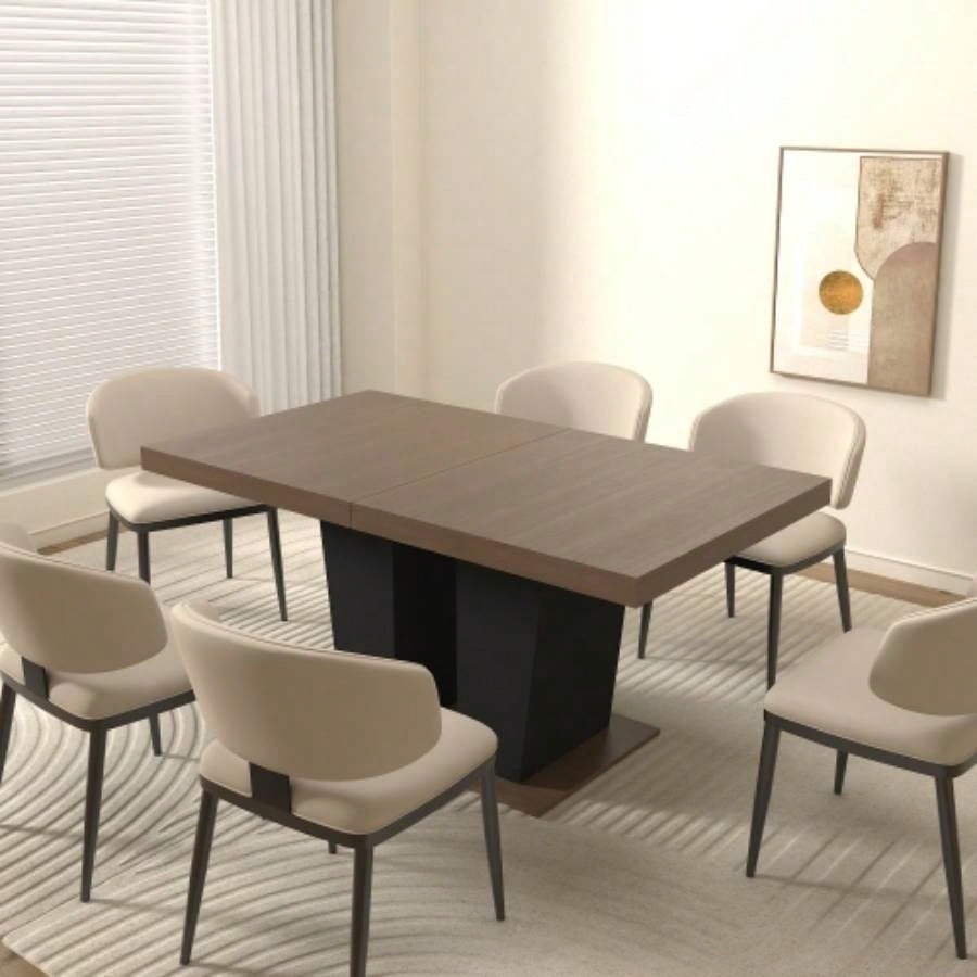 Extendable Dining Room Table 4 - 10 People, Wooden Kitchen Dining Table with Black Double Sturdy Pedestal Base, Modern Expandable Large Table