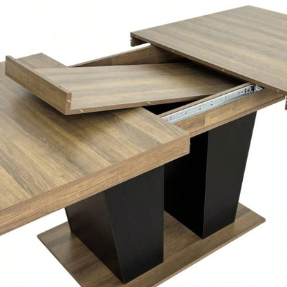 Extendable Dining Room Table 4 - 10 People, Wooden Kitchen Dining Table with Black Double Sturdy Pedestal Base, Modern Expandable Large Table