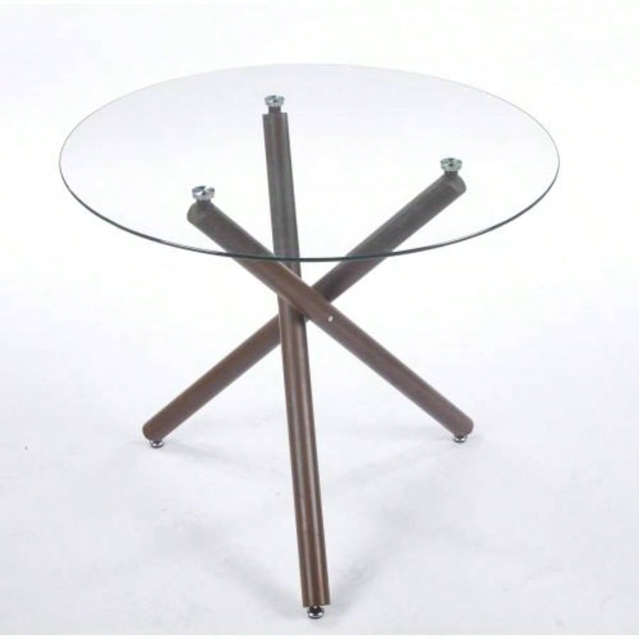 Round Dining Table with walnut color metal leg and tempered glass, Modern Space Saving Kitchen Table Living Room