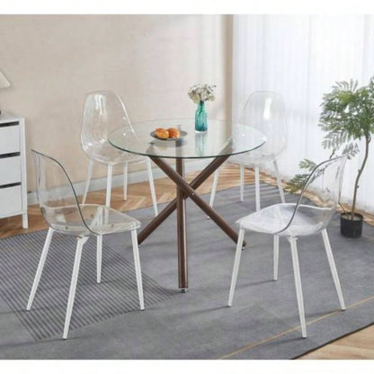 Round Dining Table with walnut color metal leg and tempered glass, Modern Space Saving Kitchen Table Living Room
