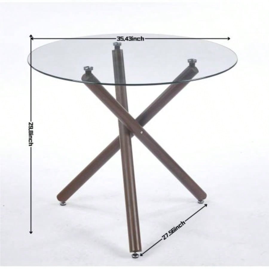 Round Dining Table with walnut color metal leg and tempered glass, Modern Space Saving Kitchen Table Living Room