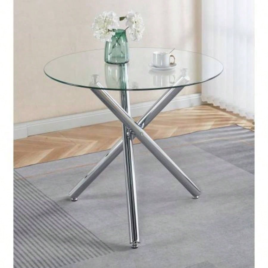 Round Dining Table with walnut color metal leg and tempered glass, Modern Space Saving Kitchen Table Living Room