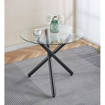Round Dining Table with walnut color metal leg and tempered glass, Modern Space Saving Kitchen Table Living Room