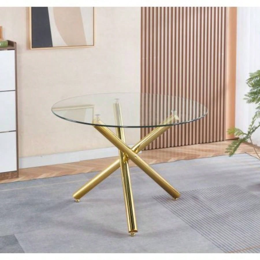 Round Dining Table with walnut color metal leg and tempered glass, Modern Space Saving Kitchen Table Living Room
