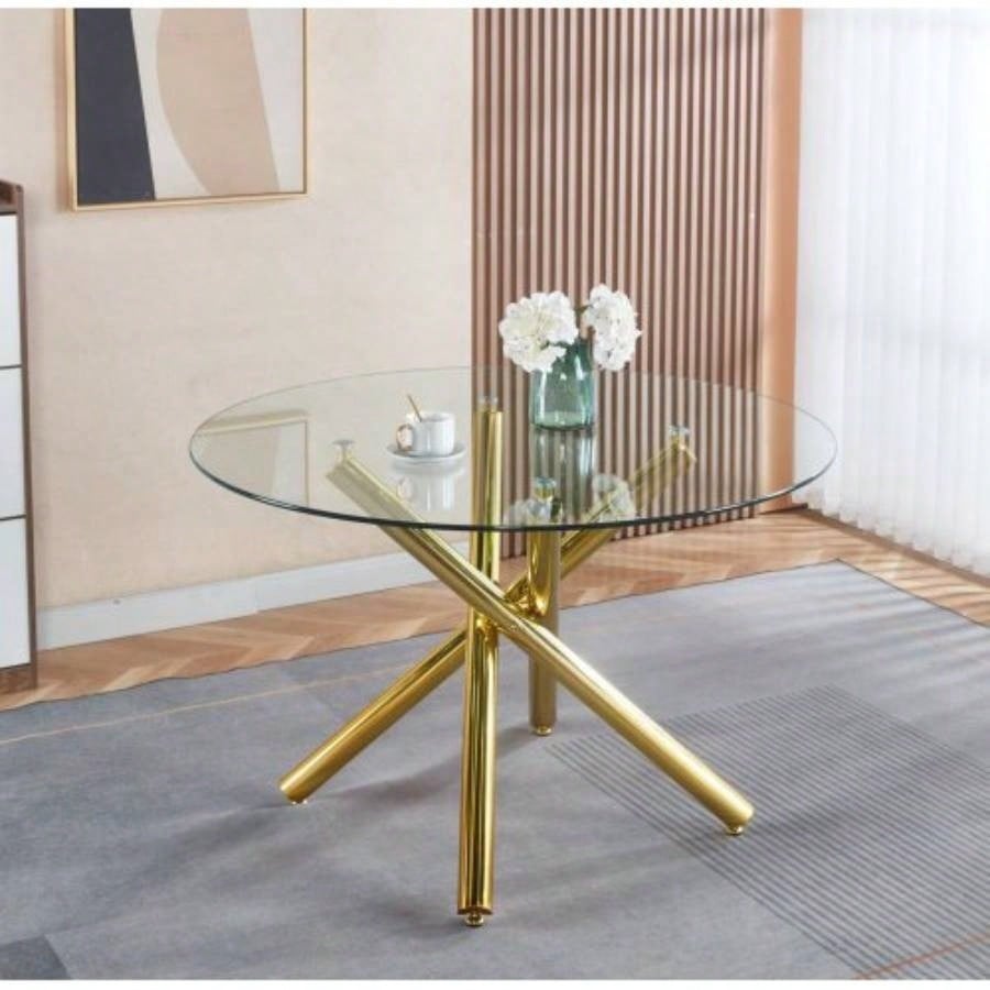 Round Dining Table with walnut color metal leg and tempered glass, Modern Space Saving Kitchen Table Living Room